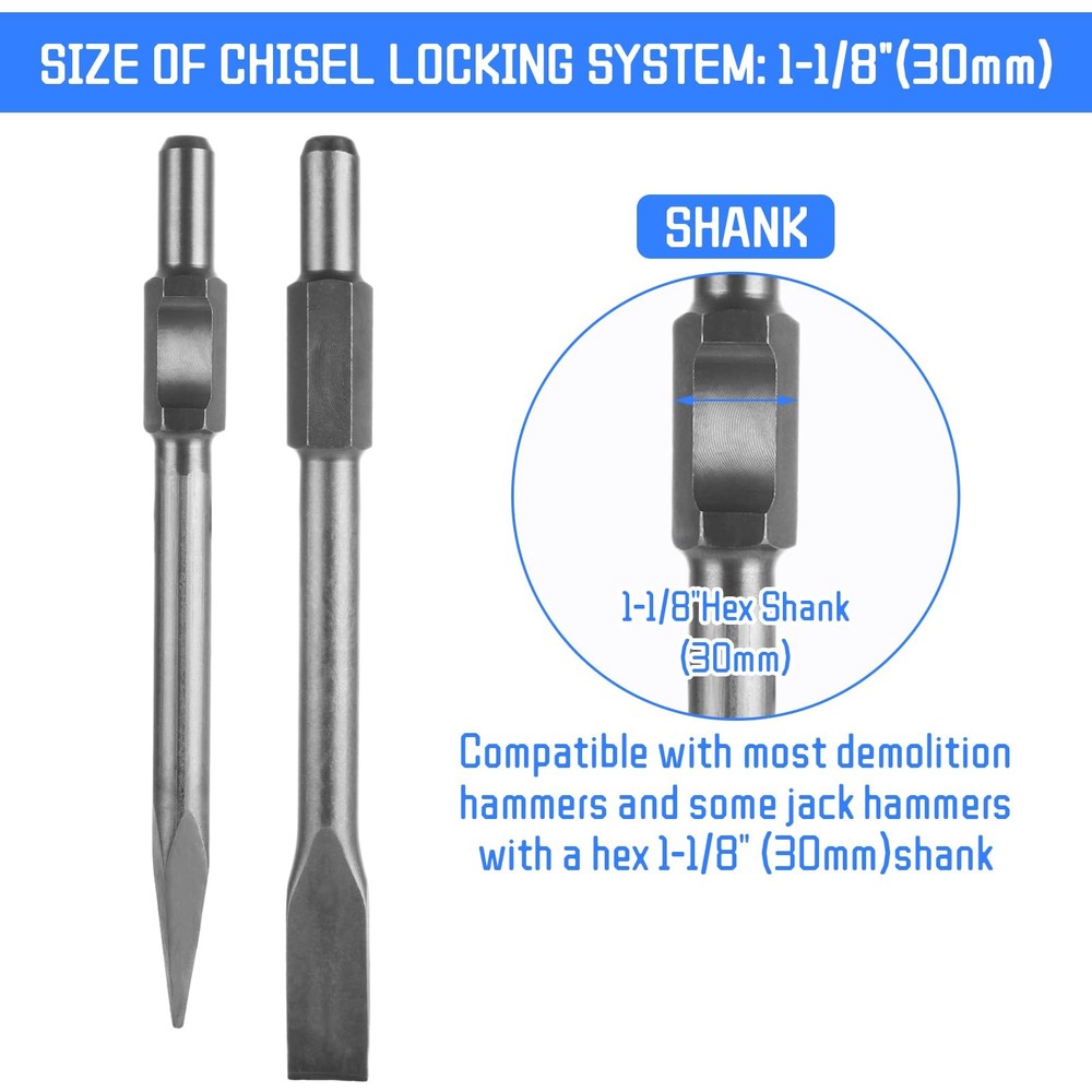 2 PCS Jack Hammer Chisel 1-1/8” Hex Jack Hammer Bits Point and Flat Concrete ...