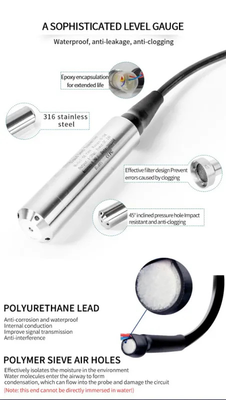 Hydrostatic Submersible Water Level Sensor Transmitter 4-20mA RS485 0-10M