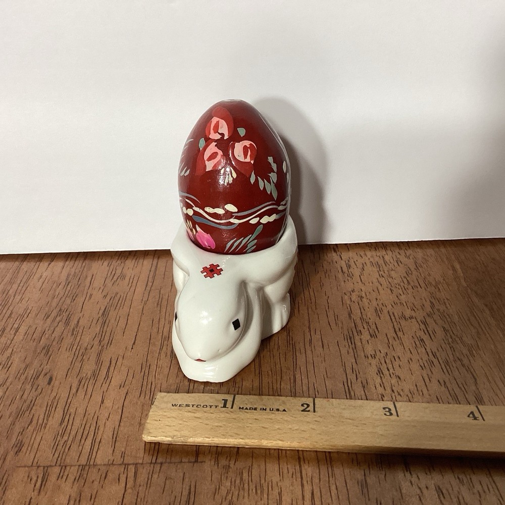 2 Pc Set Easter Valentines Day Ceramic Bunny Holder W/ Wooden Handpainted Egg