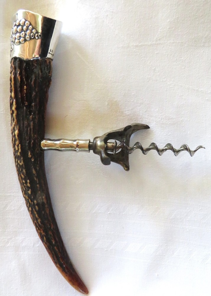 LARGE ANTIQUE CORKSCREW W HORN STERLING SILVER REPOUSSE GRAPES EX-COND