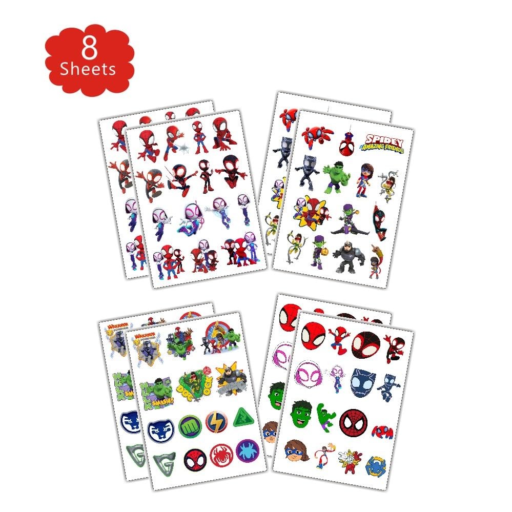 8 Sheets Spider and Friends Temporary Tattoos for Kids, Medium, Multicolor