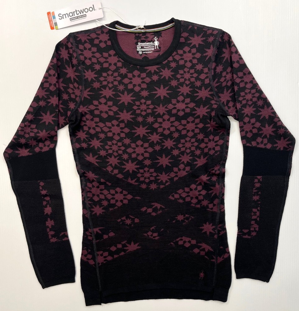 Womens SMARTWOOL Intraknit Thermal Merino Base Layer Pattern Crew EGGPLANT-BLACK