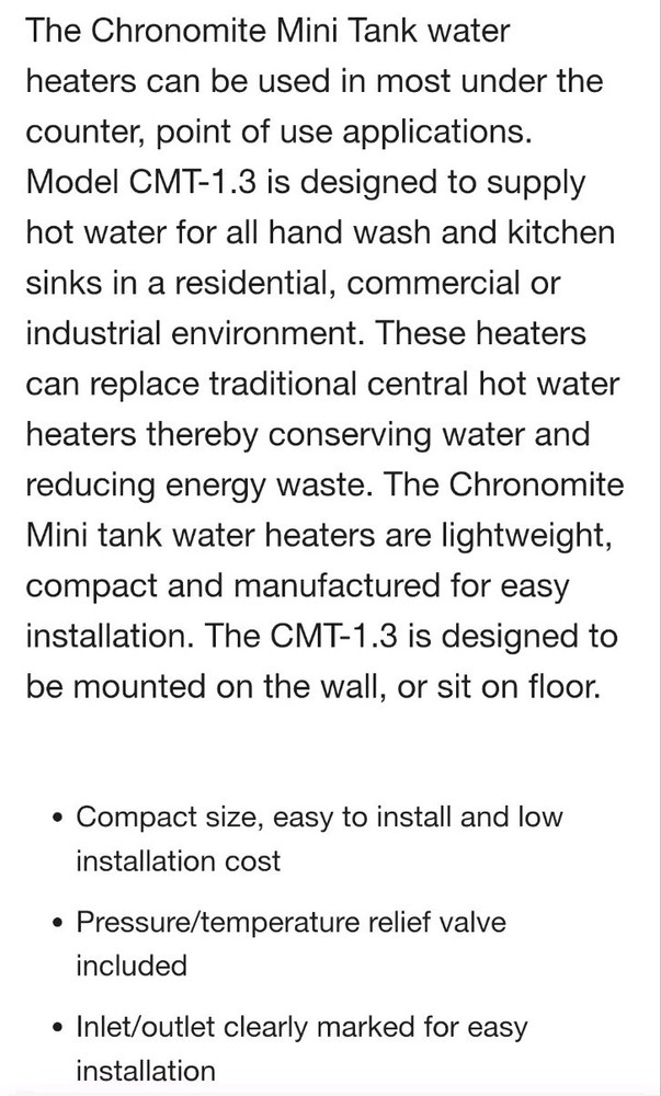 Chronomite CMT-2.5 CMT Series Mini Tank Water Heater 2.5 Gallon, NEW!