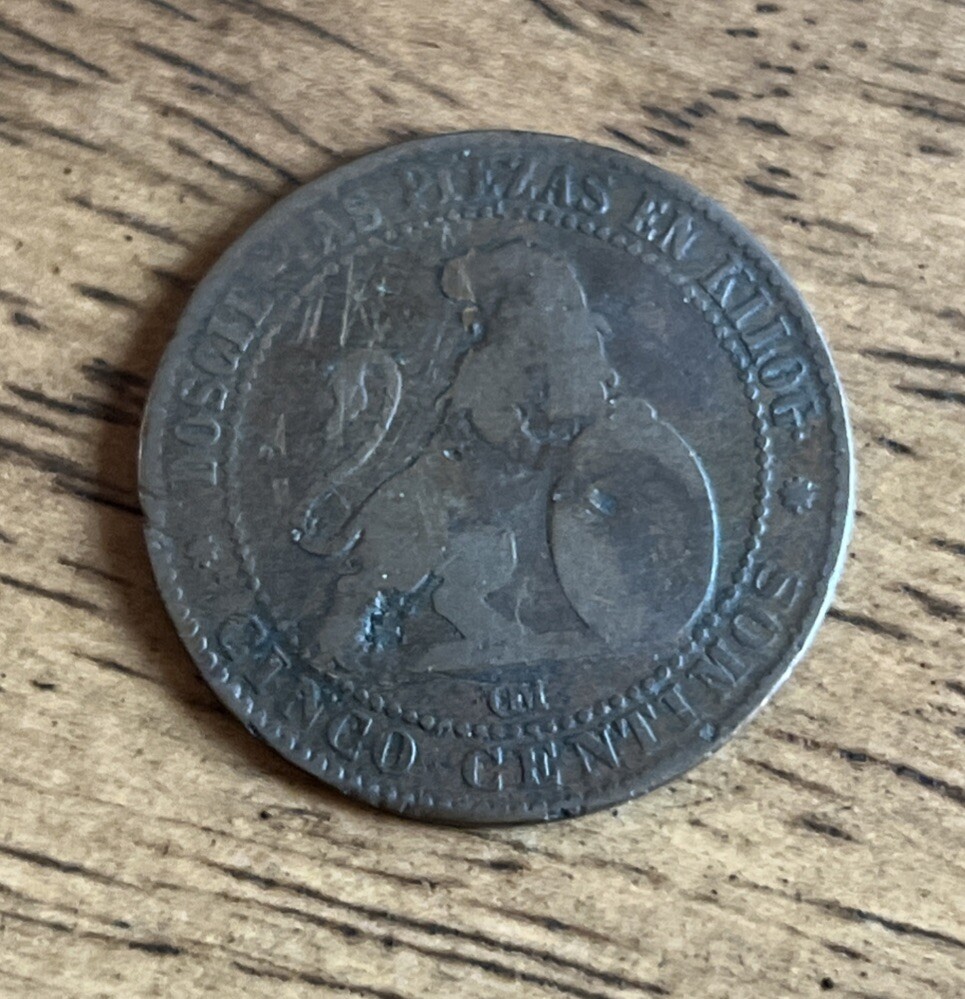 Antique Spain 1870 Cinco Centimos Coin 5 Cent Slightly Bent