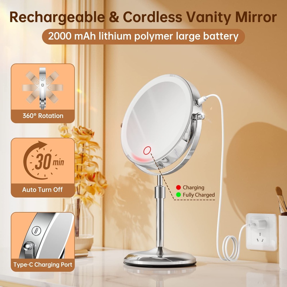 7" Lighted Makeup Mirror with Magnification 10X/1X, Height Adjustable & 3 Col...