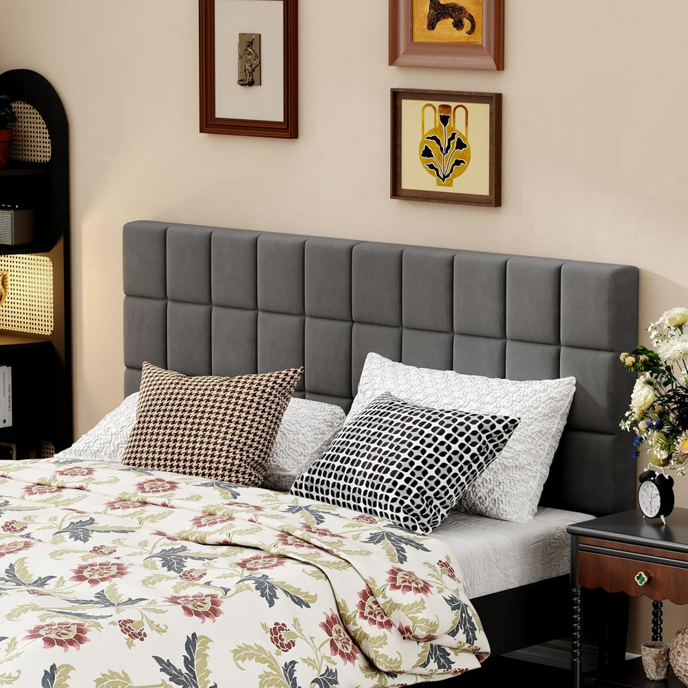 Modern Velvet Tufted King Size Headboard with Adjustable Height - Dark Gray