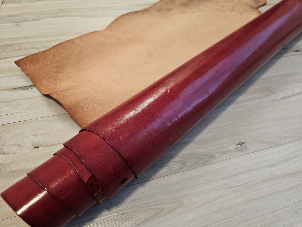 3-4oz RUBY RED FINISHED VEG TAN  LEATHER HIDE SINGLE SHOULDER SHEET, PANEL 7+sqf