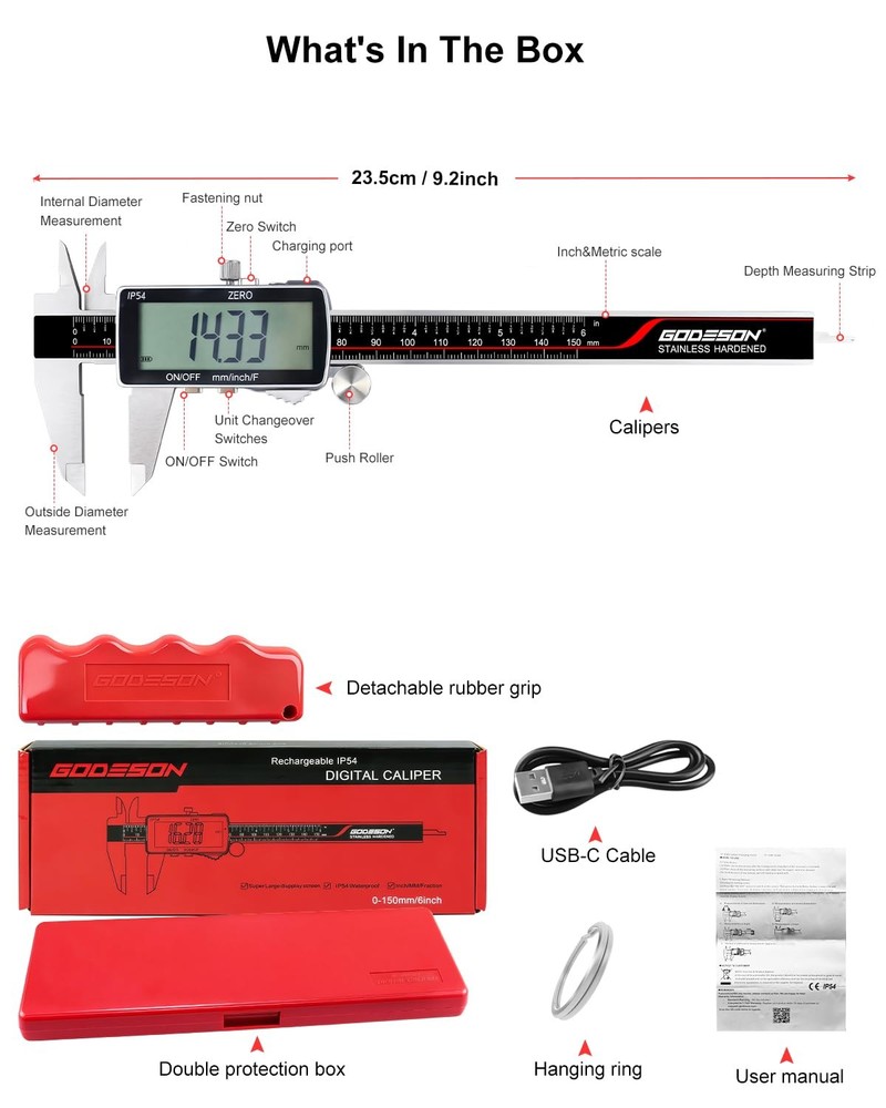 Digital Caliper, 6 Inch Rechargeable & Power Indicator Caliper Measuring Tool...