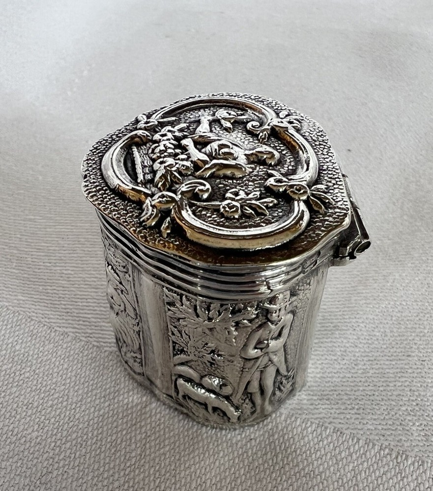 Antique 19th C Dutch Sterling Silver Repousse Pill Box