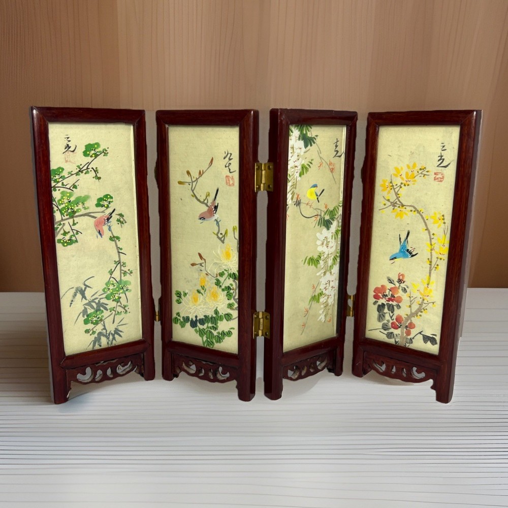Oriental Style 4-Panel Double Sided Tabletop Folding Screen w/ Glass Panels
