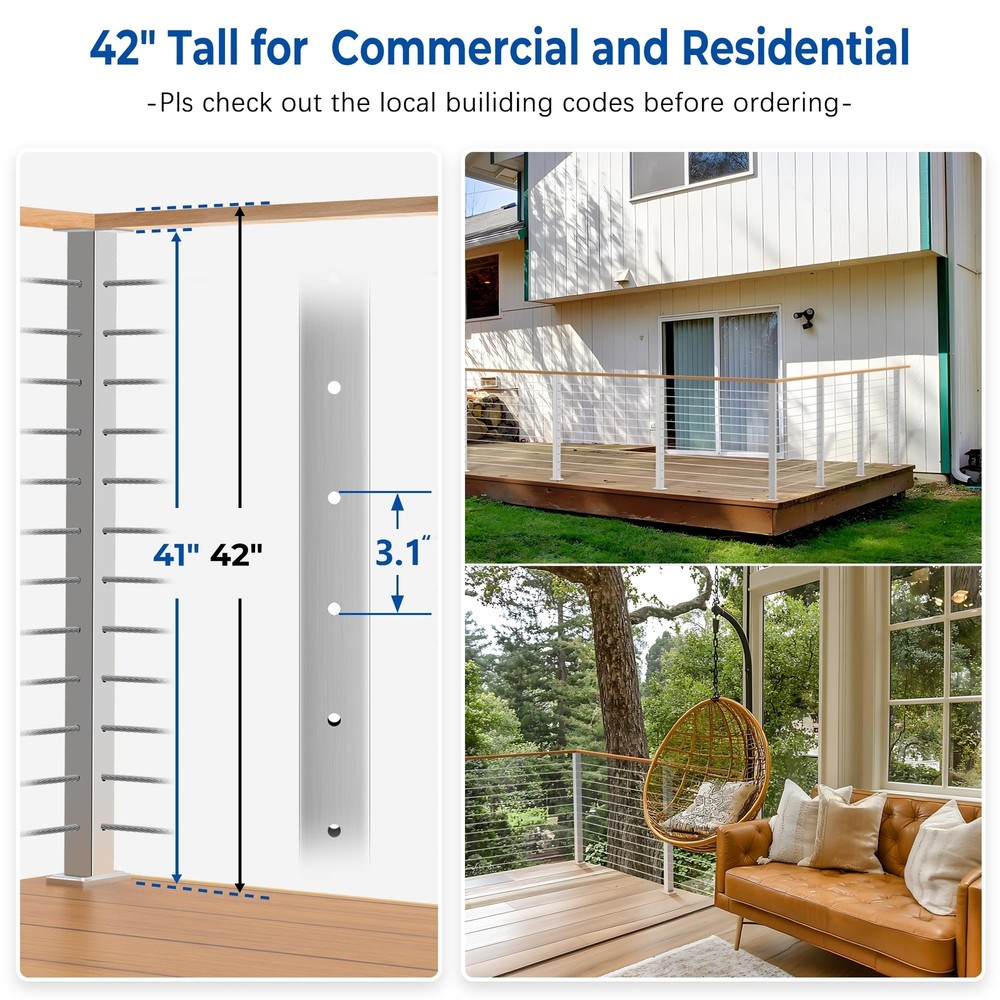 42" Brushed Corner Post for Deck Cable Railing Kit System, Stainless Steel T3...