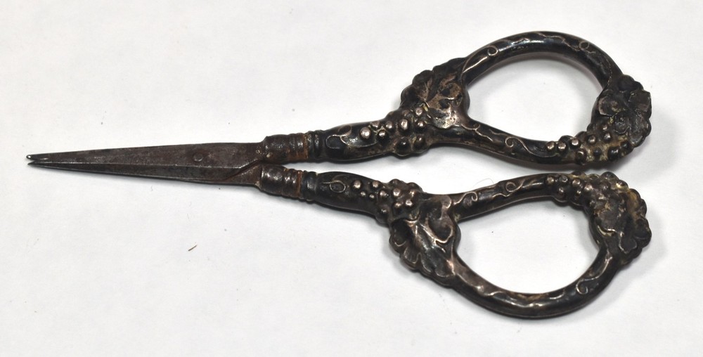 FANCY Vintage Embroidery Scissors Silver Sterling German Grape Themed 19th Cent.