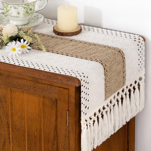 Boho Table Runner Easter Spring Farmhouse Rustic 12" x 48" Brown & Ivory
