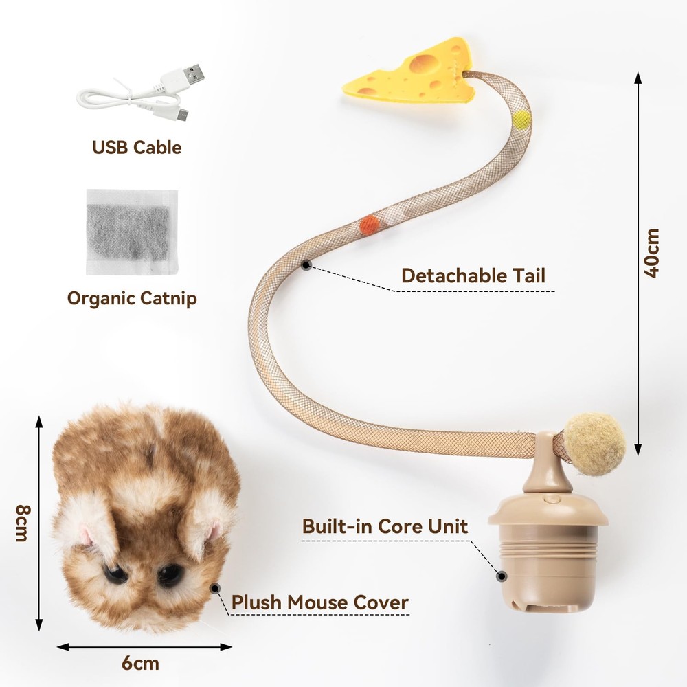 Interactive MigiMouse Cat Toy 360° Rolling & Spin with Wiggling Tail for Indo...
