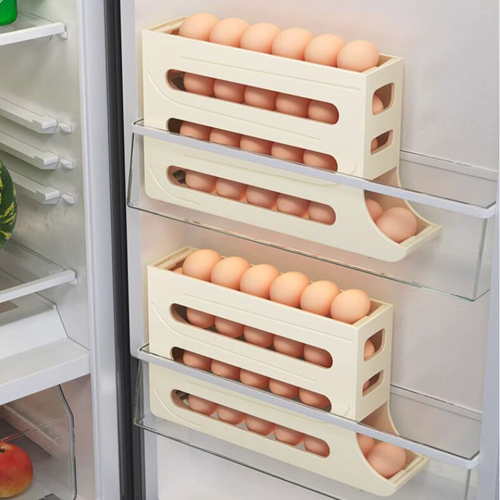 Auto Rolling Egg Holder Storage Rack 4-Tier Roll down Refrigerator Egg Dispenser