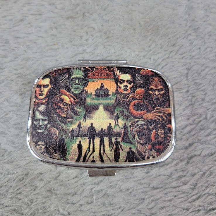 Universal Monsters Pill Box Travel Mini Pill Box Mirror 2 Split Compartment