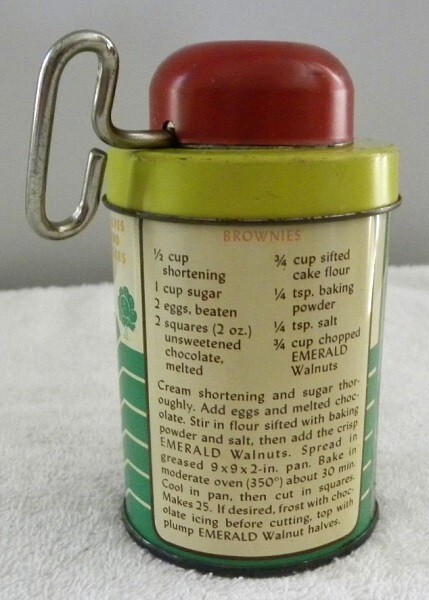 Vintage Emerald Shelled Walnuts Tin Can with Nut Chopper Top