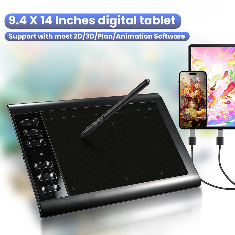 Pro Digital Drawing Tablet with 10x6 inch Screen, Graphics tablet, 12 Shortkey