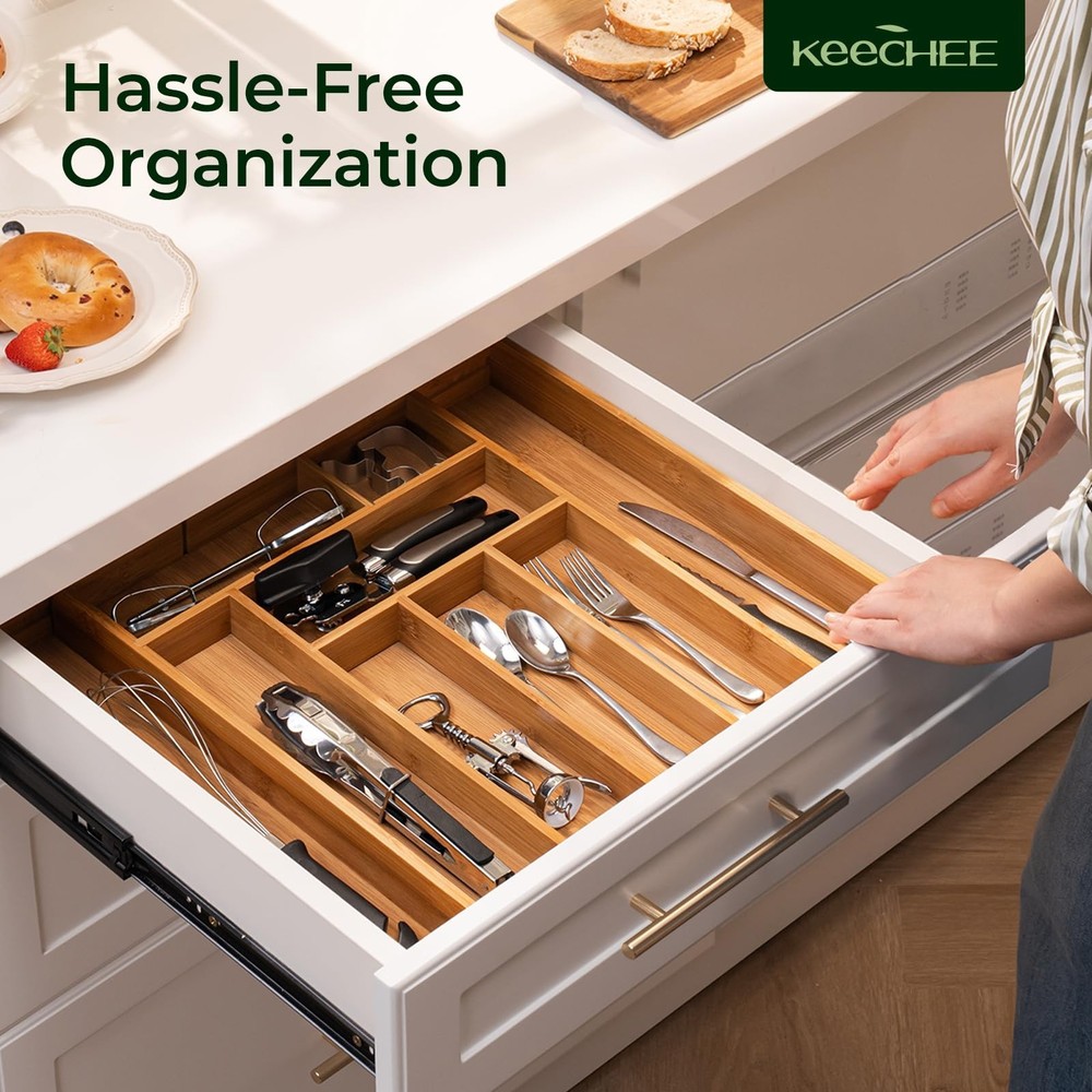 Carbonized Bamboo Kitchen Drawer Organizer, 10 Slots Expandable Silverware Or...