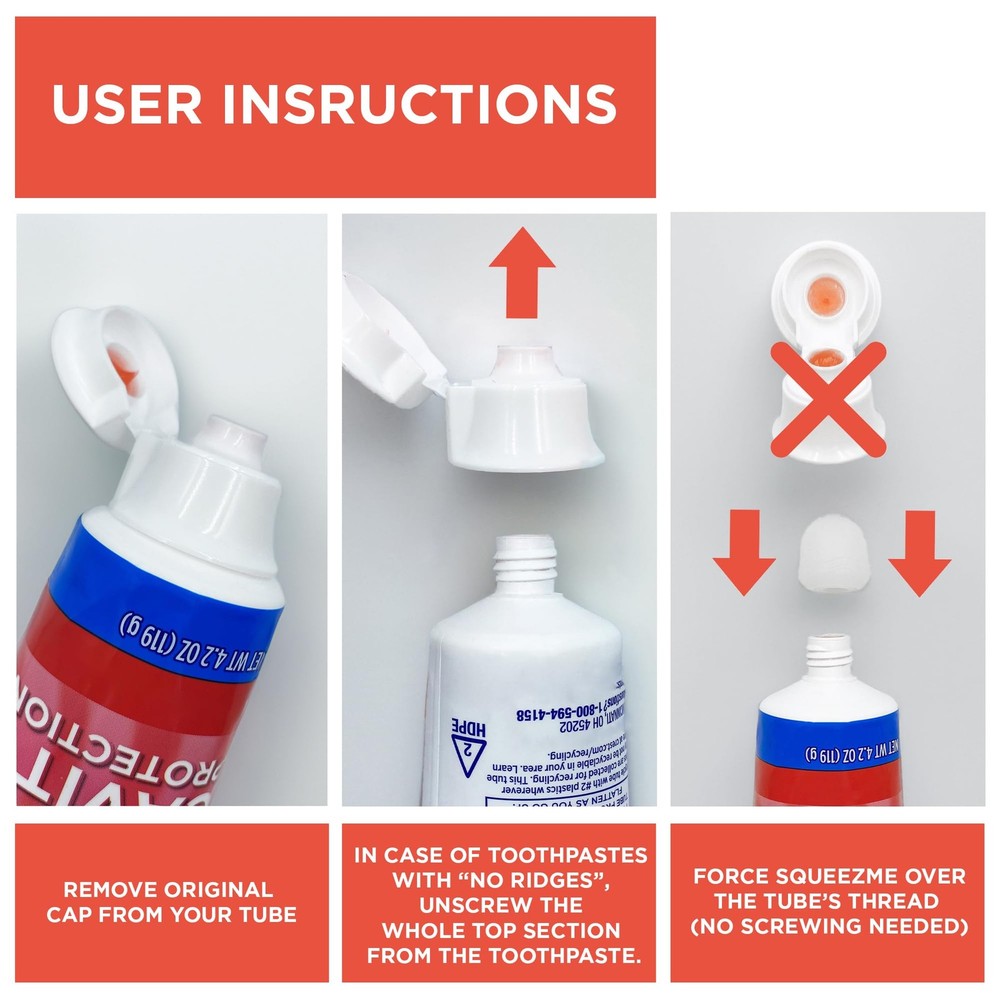 Chrome Cherry SqueezMe Self-Closing Toothpaste Caps, Silicone 3-Pack, Clear