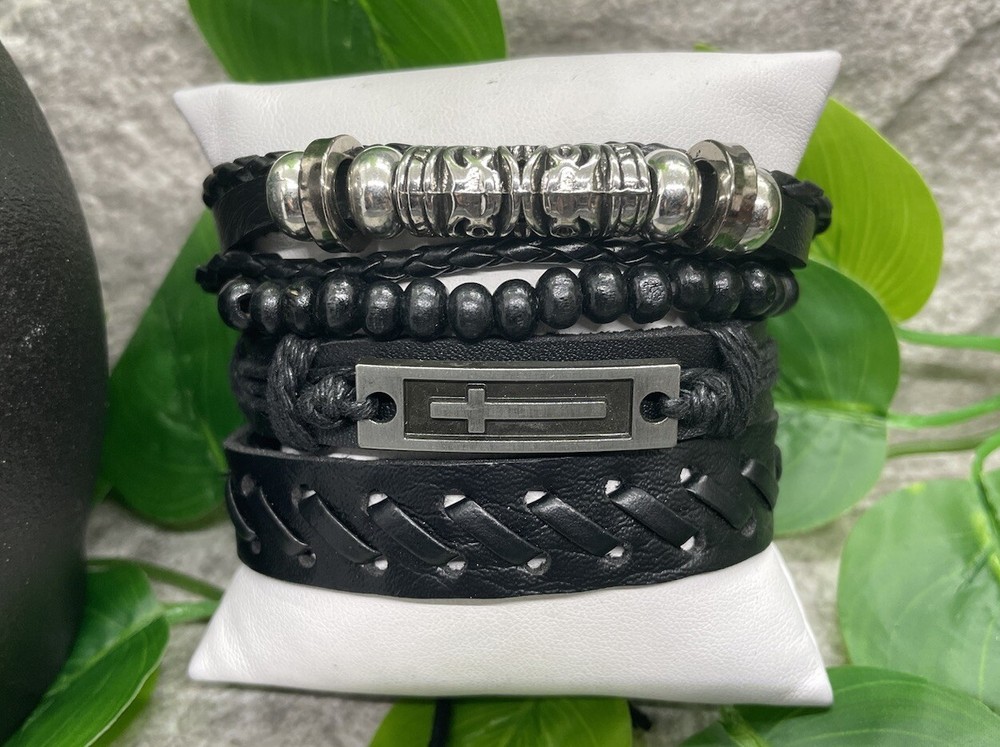 4 PC Leather Punk Bracelet Stackable Adjustable Tie New Free Ship B2776