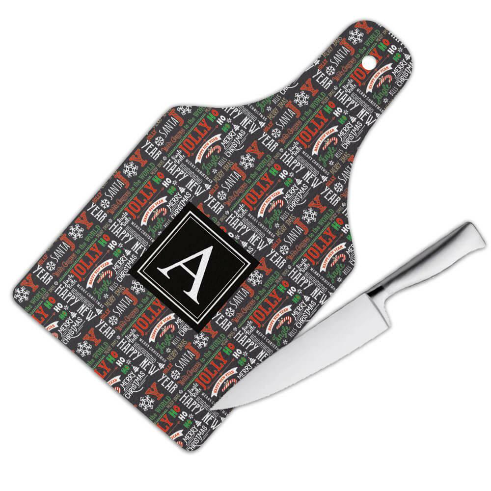 Gift Cutting Board : Santa Joy Jingle Bells Christmas Text Pattern Chalkboard