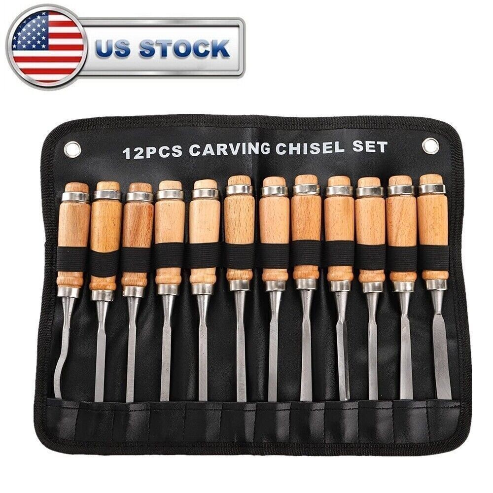 12 Piece Wood Carving Hand Chisel Tool Set Professional Woodworking Gouges Steel
