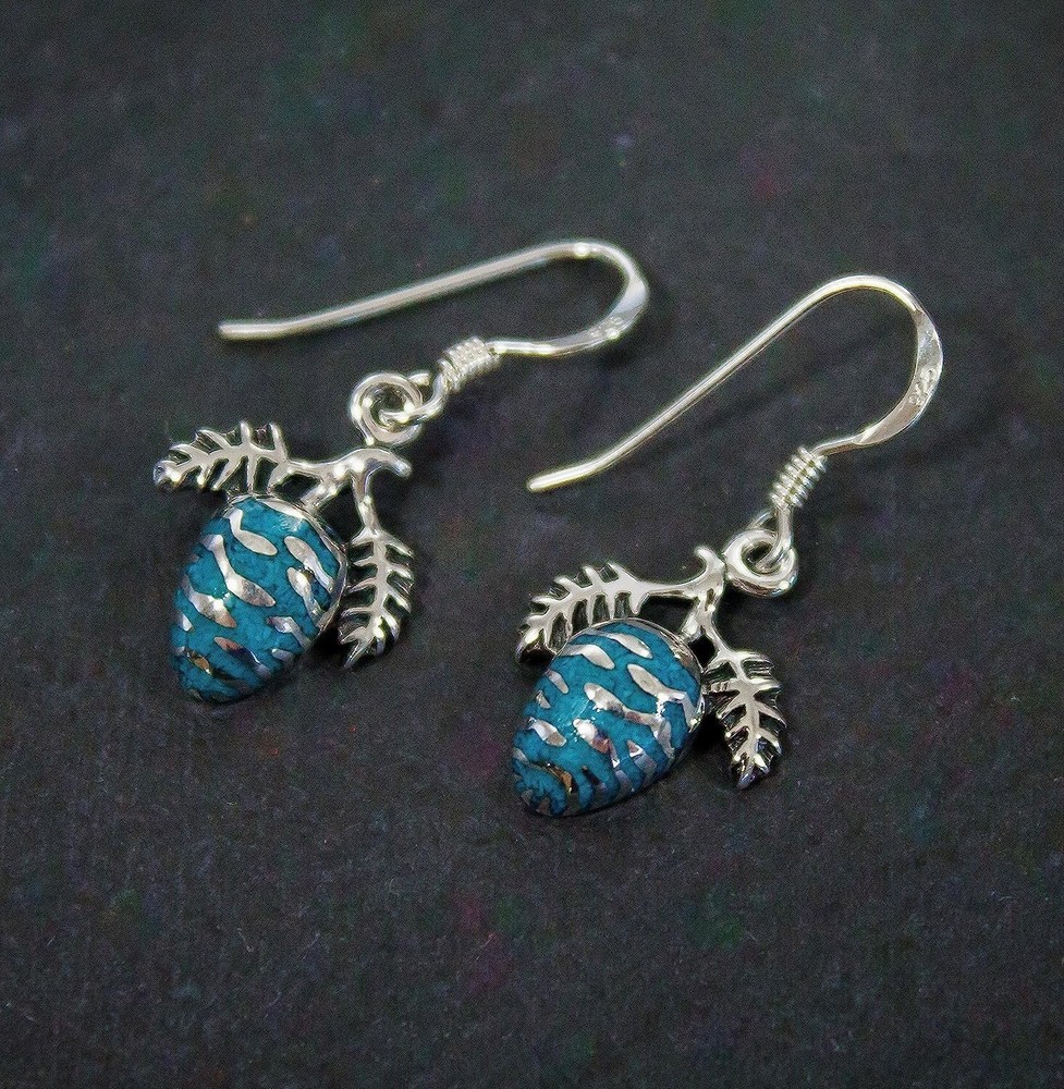 Sterling Silver Pine Cone Earrings inlaid with Turquoise