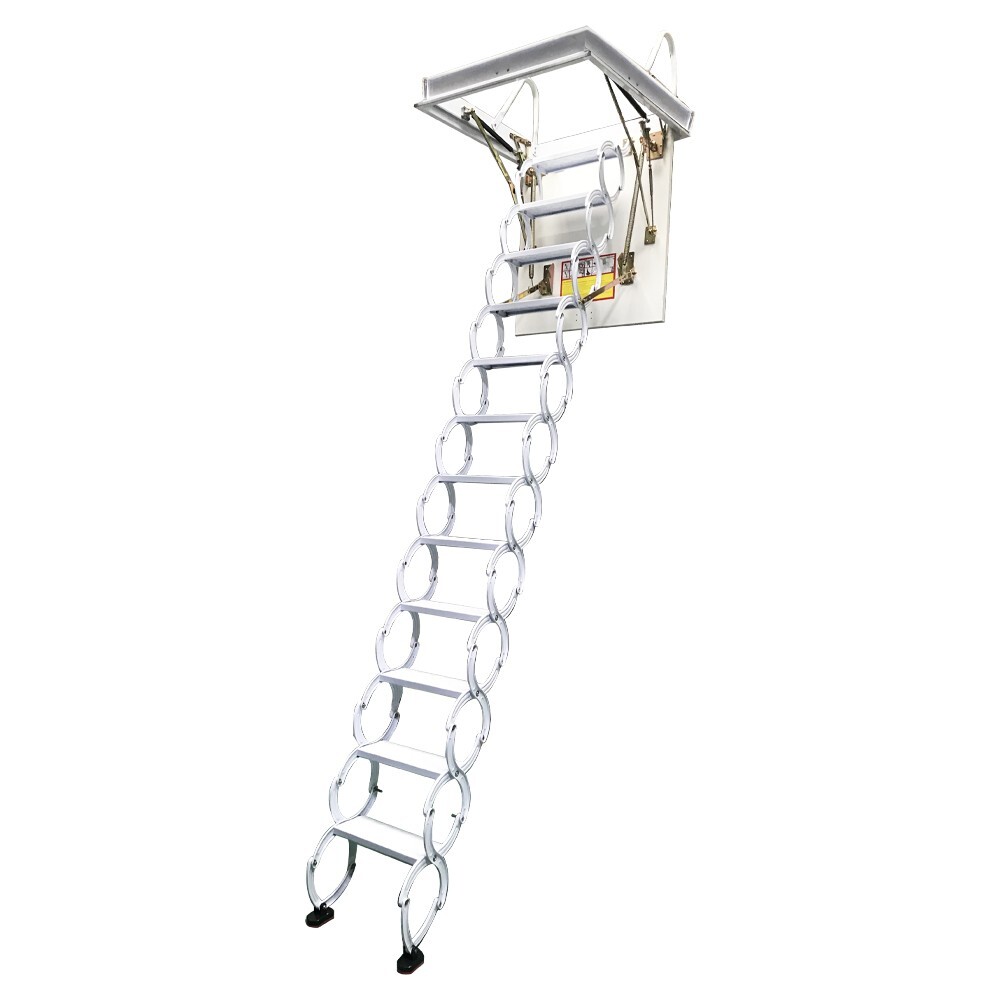 12 Steps Carbon Steel White Attic Pull Down Ceiling Ladder Folding Loft Stairs