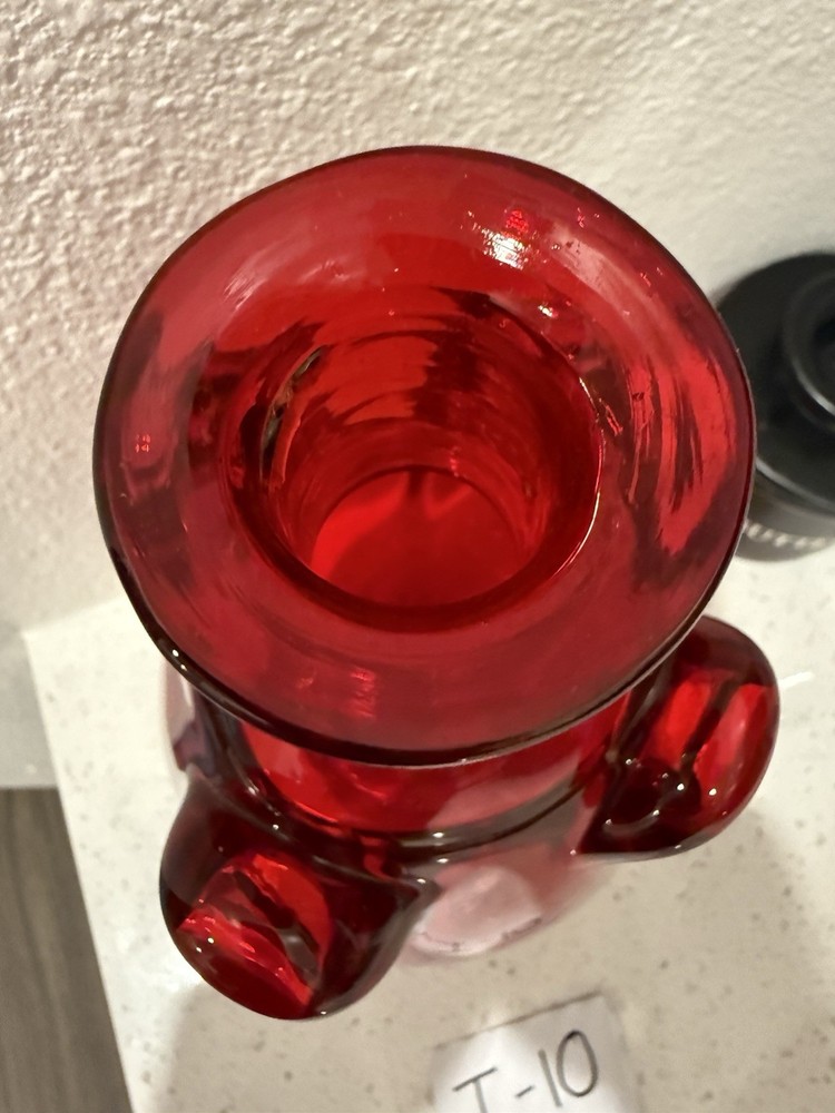 Glass Art Red Vase. Danish Style 4 Handle.