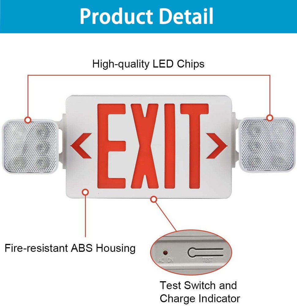 LED Exit Sign Emergency Light w/Battery Backup Double Adjustable Head