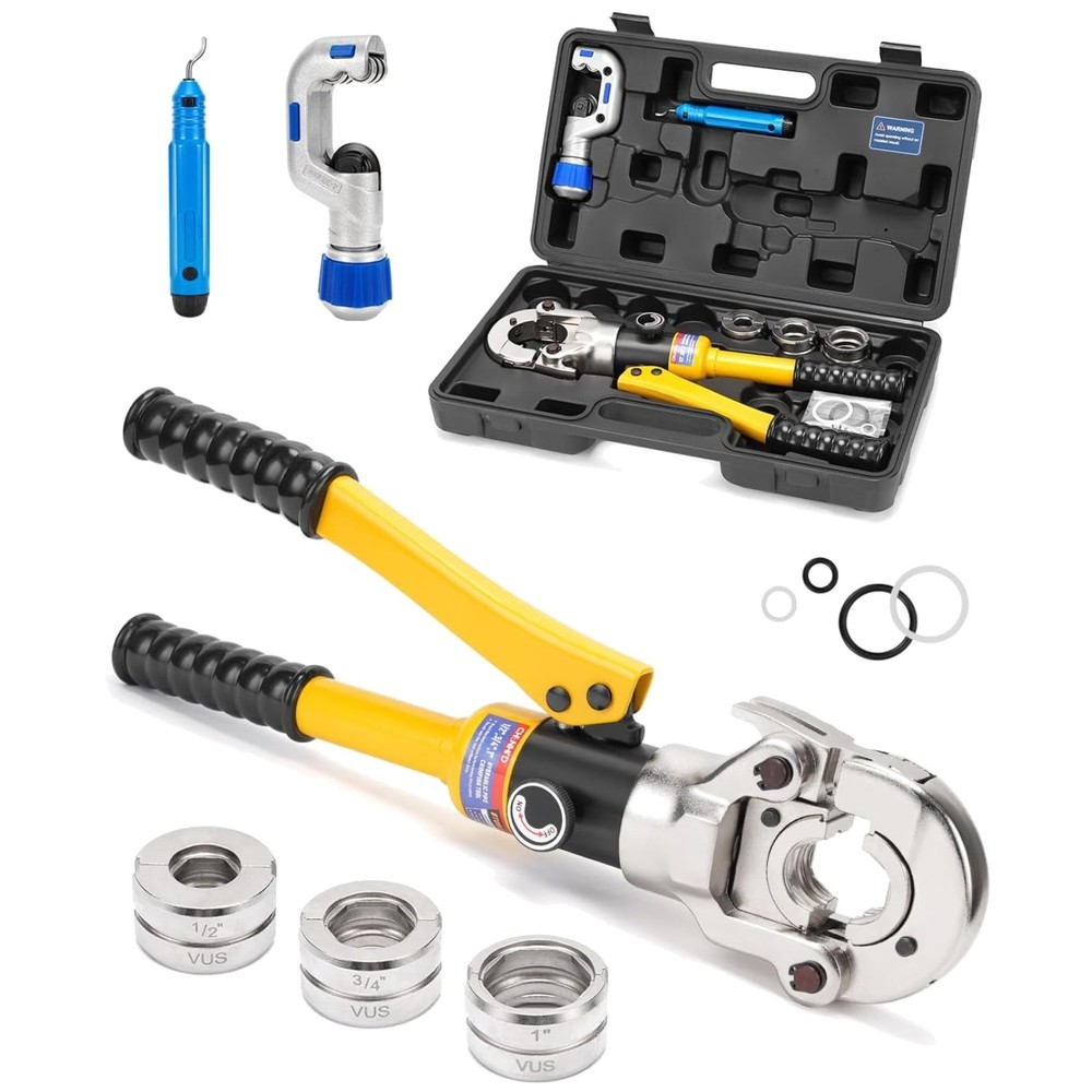 1/2, 3/4, 1" PEX Press Crimping Tool with Pipe Cutter - Automatic Locking Design