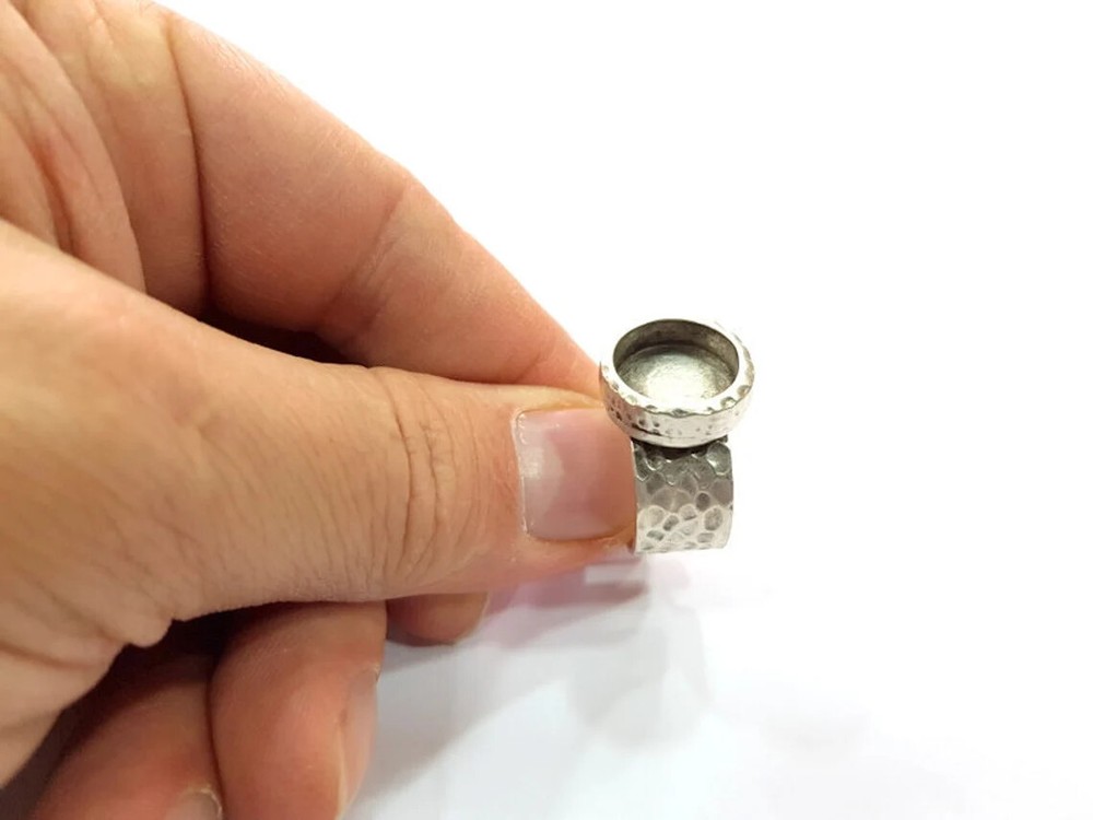 Hammered Ring Blank Setting Base Bezel inlay Backs Cabochon Antique Silver 12mm