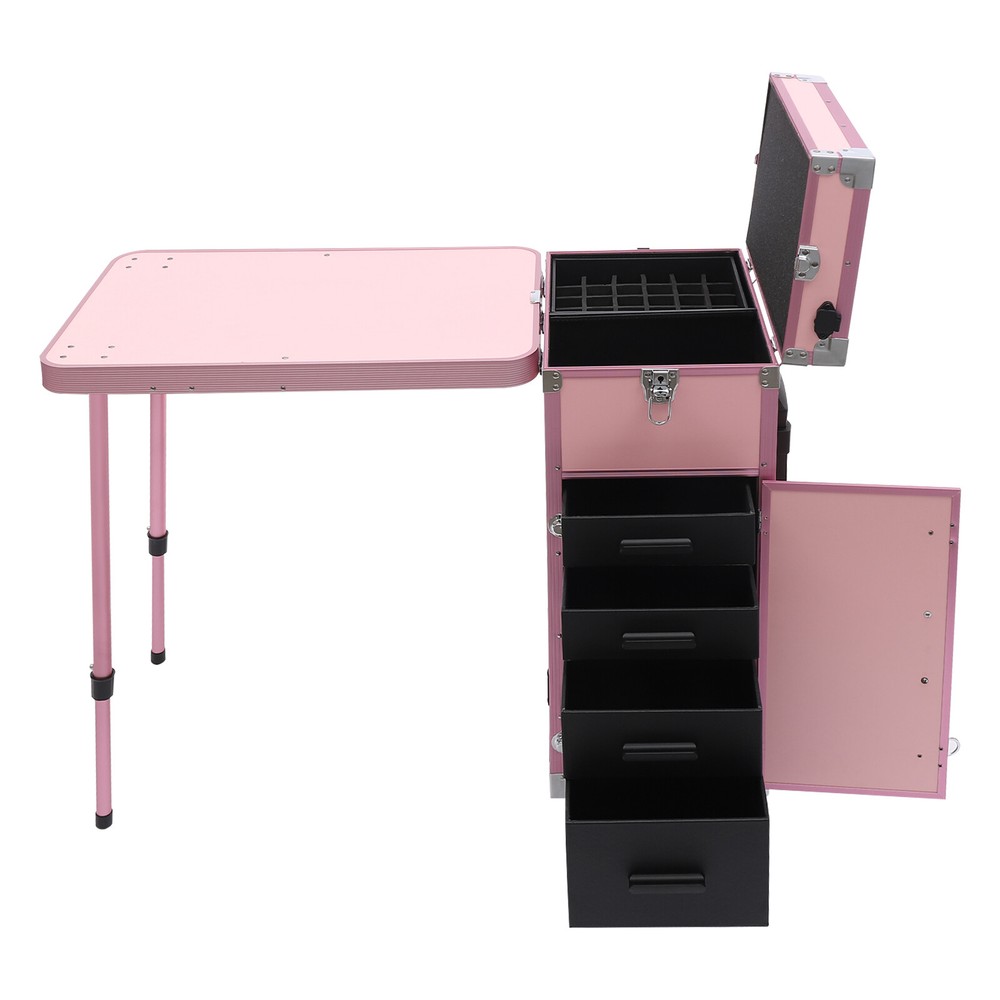Nail Desk Mobile Station Rolling Makeup Train Case Manicure Table Pink Modern
