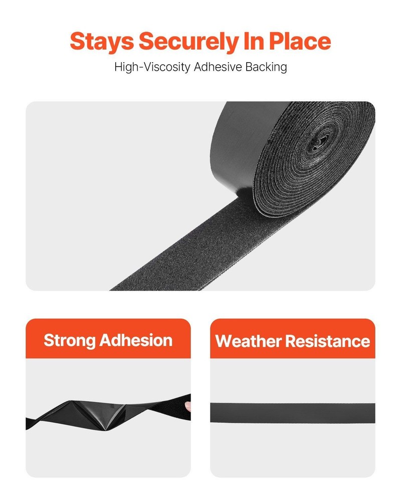 16 Ft Hook and Loop Tape Roll - 1.5" Wide - Self Adhesive Nylon Strips - Black