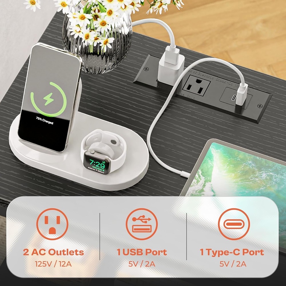 Nightstand with Charging Station, Bed Side Table with Adjustable Fabric Drawe...