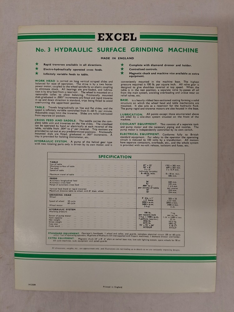 Excel Hydraulic Surface Grinding Machine Model #3 Bulletin Advertising Sheet