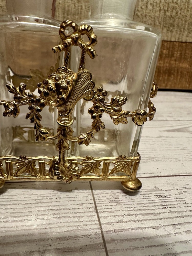 Vtg APOLLO STUDIOS Ormolu Caddy w/2 Crystal Perfume Bottles Vanity Set READ