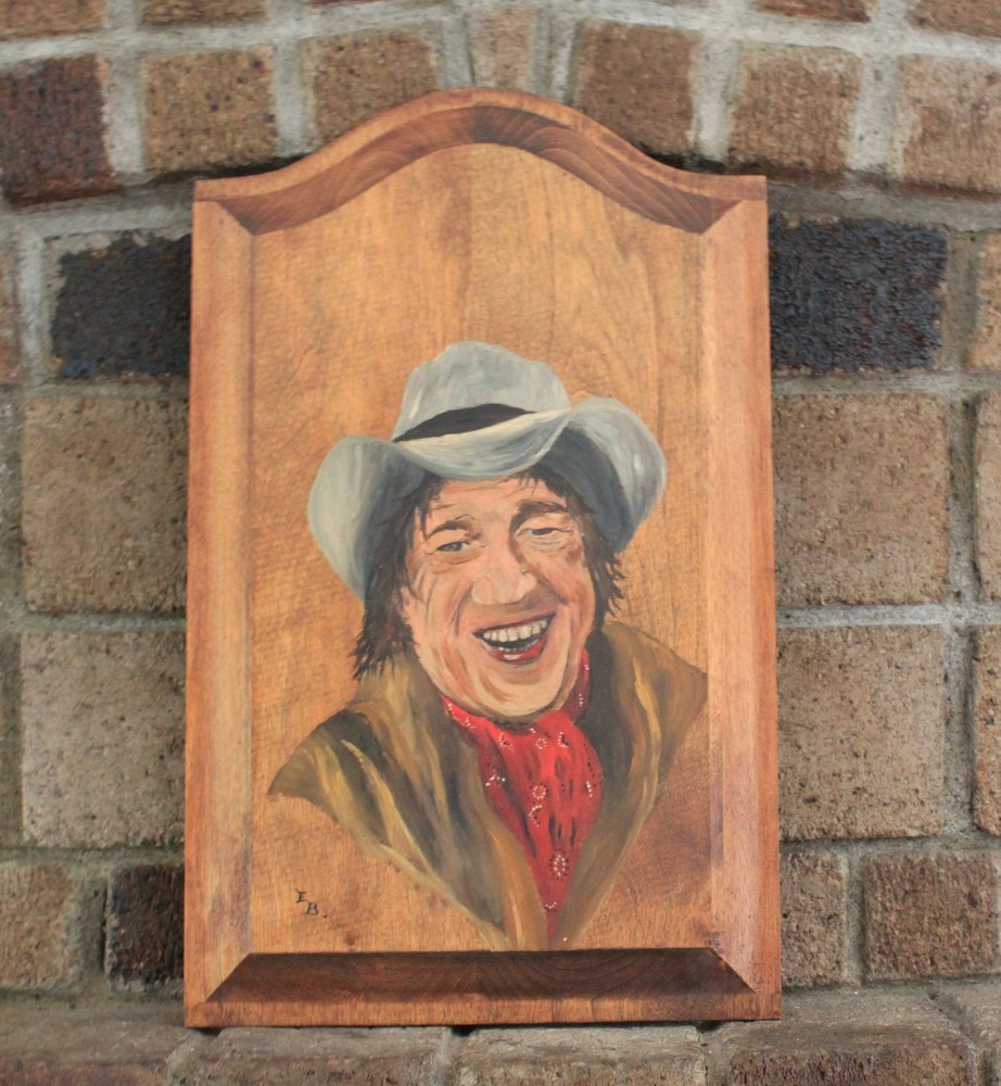 Painted Man in Hat with Kerchief Bust on Wooden Plaque - Initialed