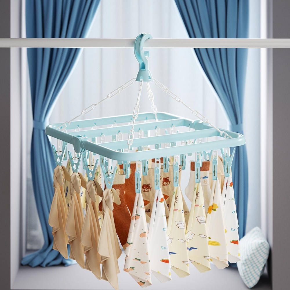 Clothes Drying Rack with 32 Clips, Foldable Hanging Rack, 360° Rotatable