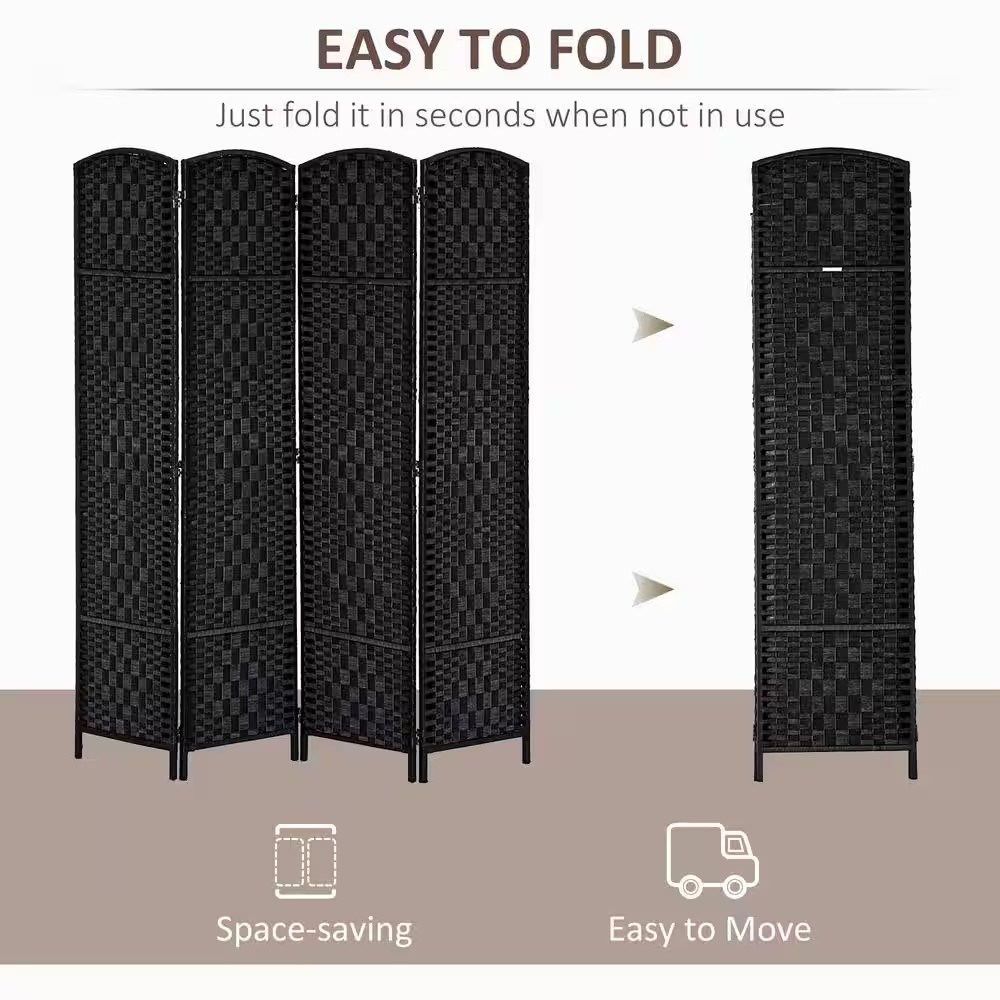 6 Ft Tall Black Wicker Weave 4 Panel Room Divider Privacy Screen