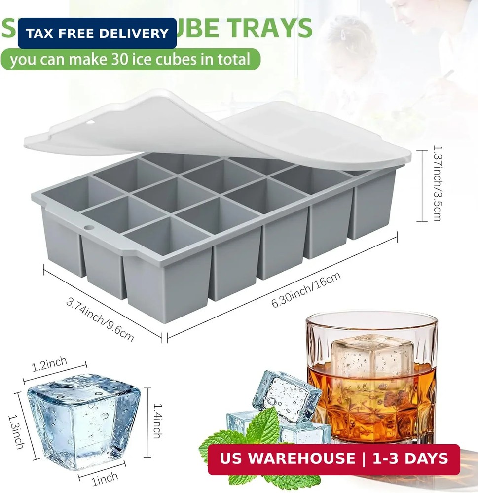 Silicone Ice Cube Tray with Locks Lids, Easy Release Flexible 15 Square Ice Tray