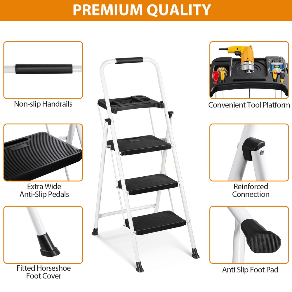 Step Ladder Sturdy 3-Step Ladder with Tool Platform Folding Ladder Lightweight