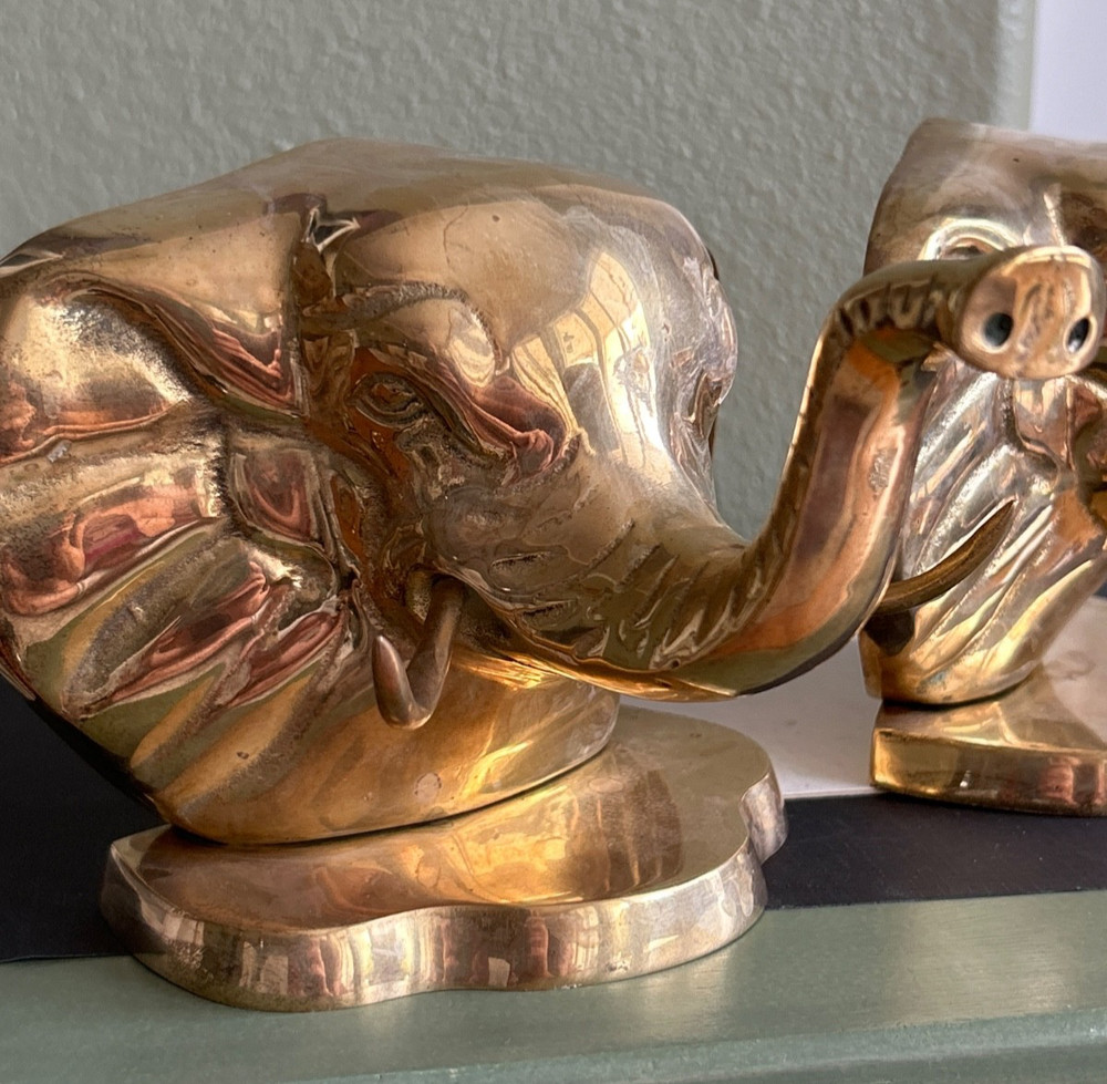 Bookends Vintage Solid Brass Elephant Trunks Up "Good Luck" MCM pair *