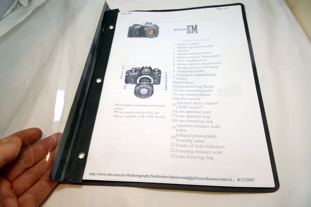 Camera guide instruction manual printed and bound folder for Nikon EM