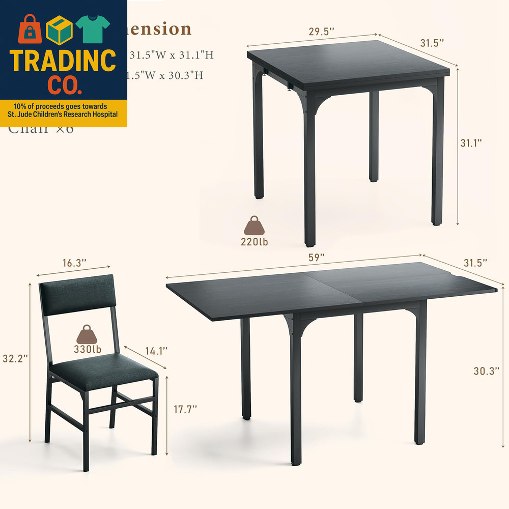 7-Piece Dining Table Set for 4-6, Extendable Kitchen Table Cushion Chairs Set of
