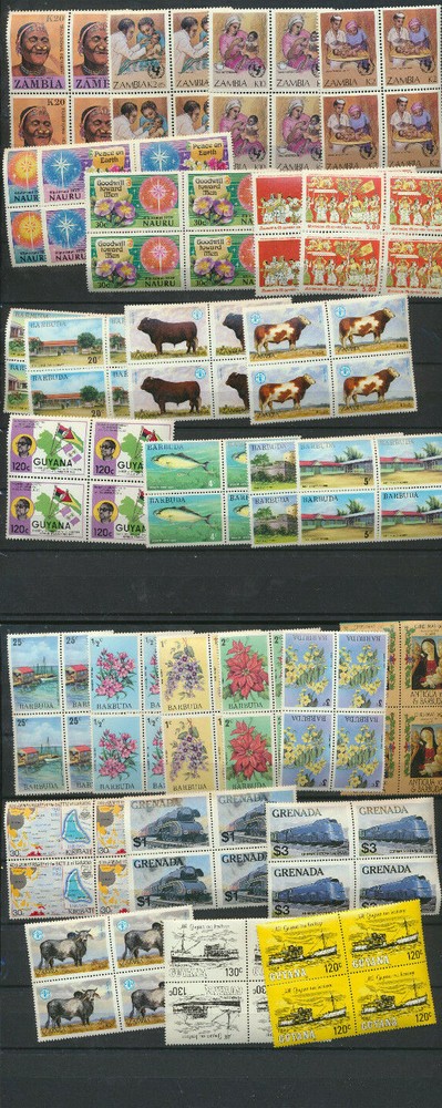 British Colonials 34 Different Mint Never Hinged Topical BLOCKS of FOUR
