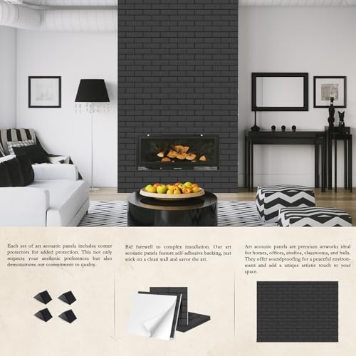 12Pack Acoustic Panels, Self-Adhesive 3D Brick Pattern 12"×12"-Brick Black