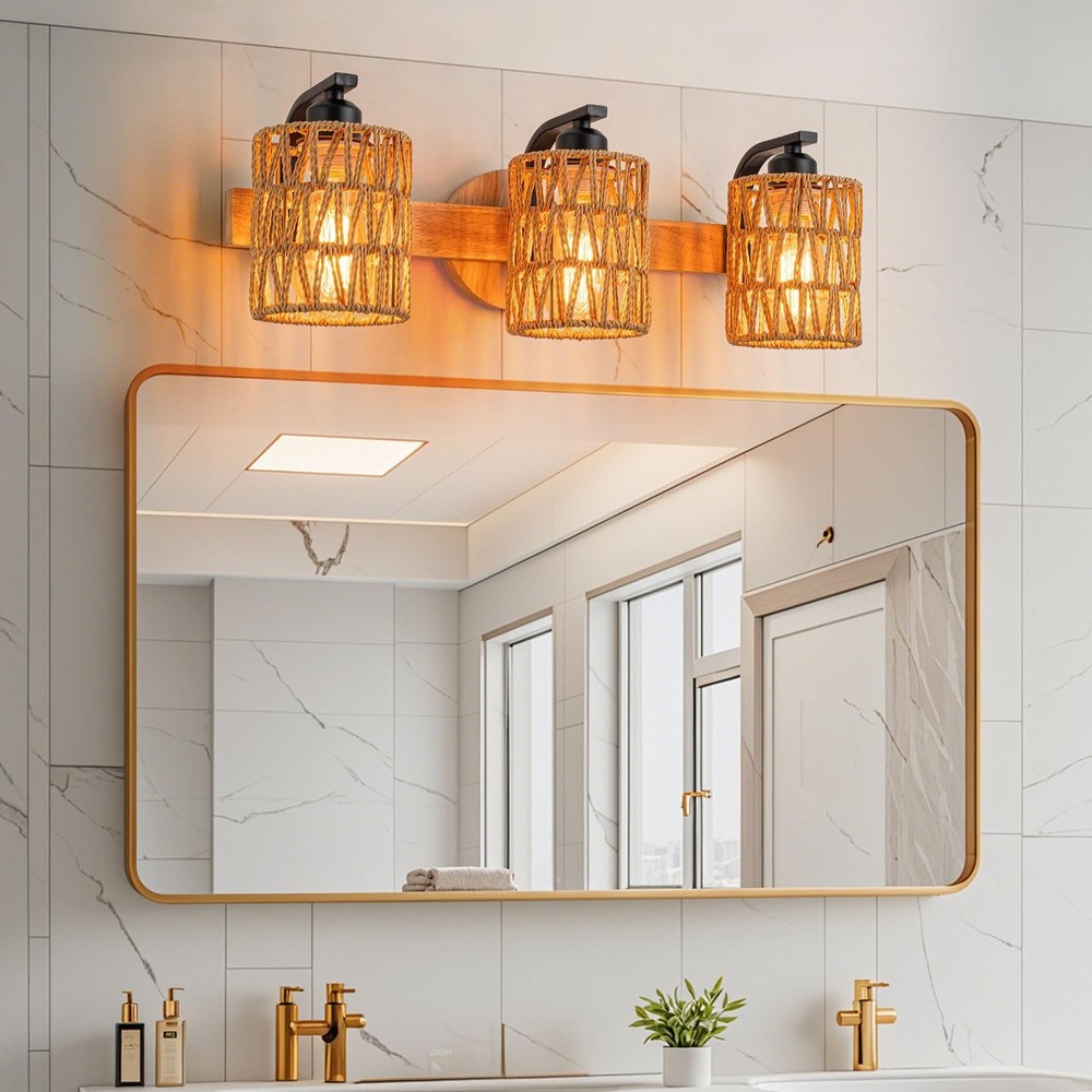 Boho Vanity Light Fixtures,Bathroom Lights Over Mirror,Rustic Rattan Wall Sco...