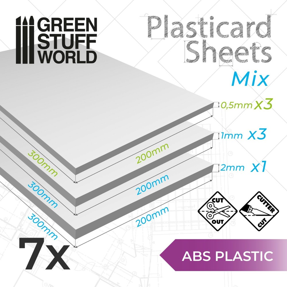 ABS Plasticard A4 - Variety 7 sheets pack - Styrene Plastic Sheets - Plastikard